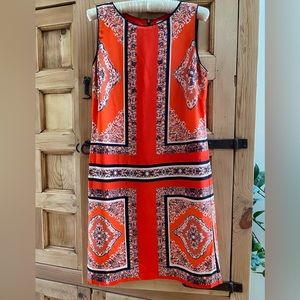 Carmen Marc Valvo shift dress - orange-red, black and cream pattern - size 2